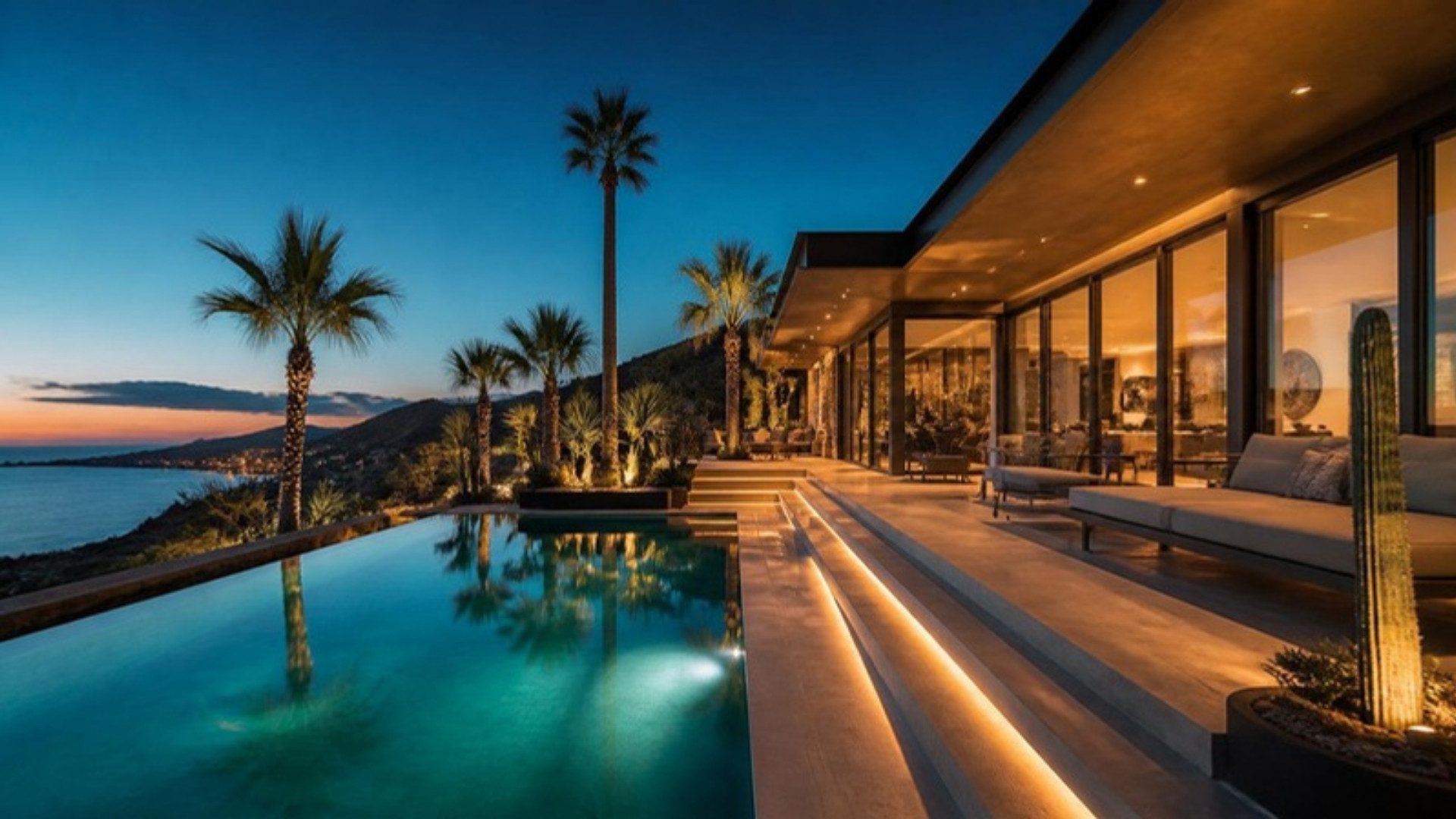 Villa en Los Cabos al atardecer con iluminación arquitectónica y de paisaje